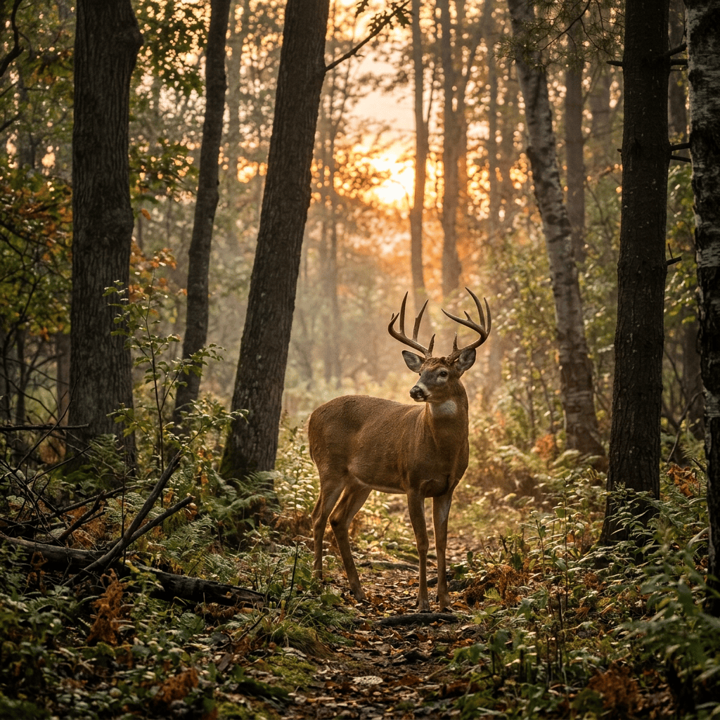 White-tailed deer buck standing on forest path with antlers at sunrise